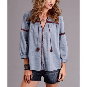 Stetson Blue Chambray Peasant Blouse Tassel V-Neck 3/4 Sleeve Top L